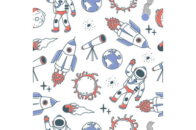 Doodle space seamless pattern. Decorative universe children fabric pri