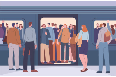 People crowd in subway train. Public transportation peak hours, passen