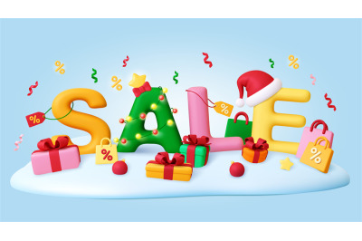 Christmas sale 3d background. Store discount banner, render gift boxes