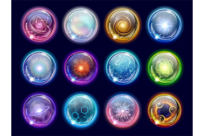 Realistic magic plasma spheres and energy balls. Flash lightning, colo