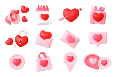 3d love icons. Social media various symbols with hearts. Message, mega