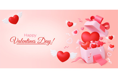 3d love banner. Valentines day poster with 3d hearts, gift box and mes