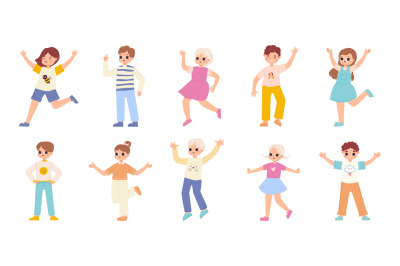 Happy jumping children. Cute little emotional characters, positive kid