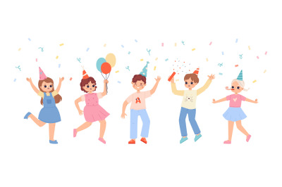 Isolated birthday children characters jumping under falling confetti.