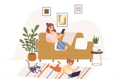 Gadget addiction. Mother and child using gadgets. Tired adult and litt