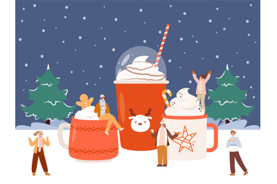 Winter holiday concept with big mugs. Hot chocolate and latte, sweet c