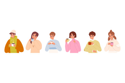 People drinking hot drinks. Women hold tea cup, warm latte or coffee m