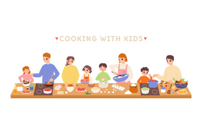 Cooking with children on workshop. Adults and kids prepare raw ingredi