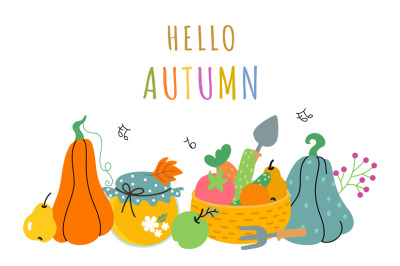 Autumn harvest background with pumpkins and vegetables basket. Agricul