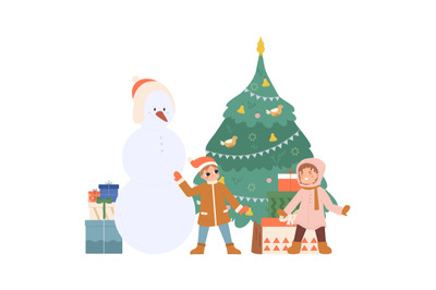 Christmas time scene with cute little children, xmas tree, gift boxes