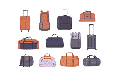Travel luggage, bags and suitcases. Fabric backpack and plastic suitca