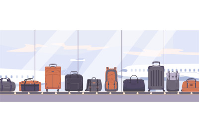 Travel baggage on conveyor, luggage on airport belt. Plastic suitcases