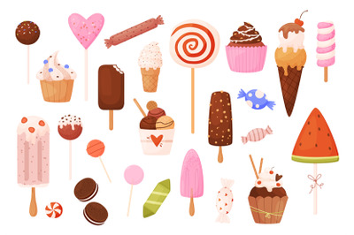 Sweet lollipops and ice cream. Caramel and candies, chocolate creamy d