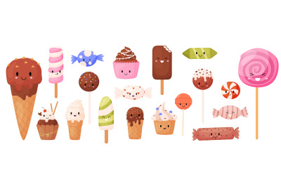 Kawaii sweets isolated characters. Ice cream, lollipops and candies wi