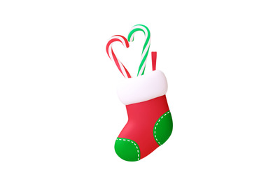 Christmas sock and sweets, 3d holiday design. Isolated gift boot, New