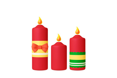 Holiday red candles 3d design. Decorative Christmas decor for home, ca