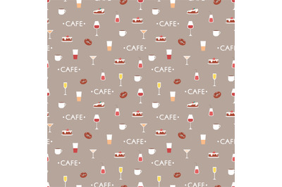 Dessert, coffee and glasses, cafe seamless pattern design. Sweet cake