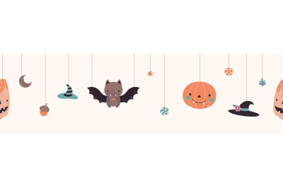 Autumn halloween seamless pattern with cute cartoon bat, pumpkin and w