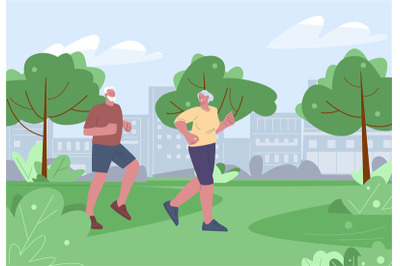 Cartoon old person running in city park. Senior couple jogging, health