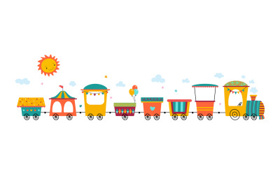 Children cartoon train, amusement park transport with sun and clouds.