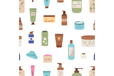 Cosmetics bottles seamless pattern. Lotions, cream, toner. Beauty and