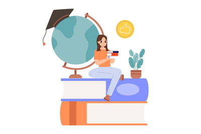 Education concept. Student sitting on books pile and holding book in h