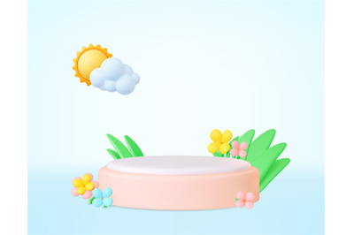 Empty 3d exhibition stand with cloud and sun and blooming flowers with