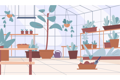 Empty greenhouse interior. Location with plants in pots, fresh greens
