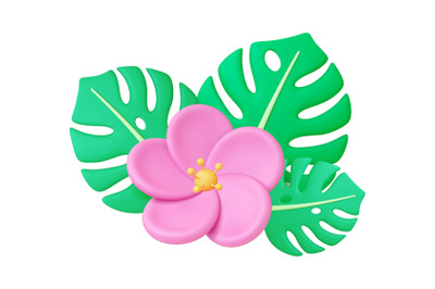 Exotic floral 3d elements. Flowers and tropical leaves. Decorative iso