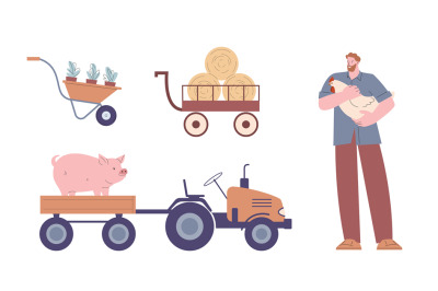 Farmer and farm animals. Agriculture technic, hen and cute flat pig. T