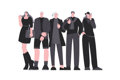 Fashionable people group, fashion workers, stylist wearing black. Cont