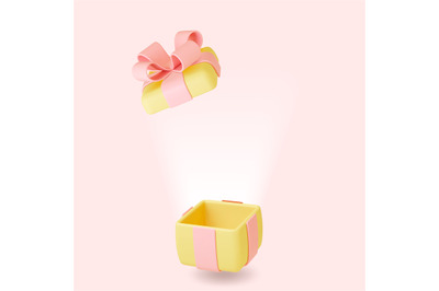 Gift box 3d template, empty open present pack with bow. Sale or discou