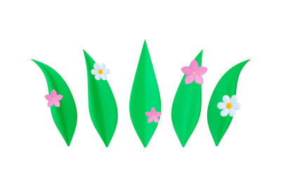 Green grass, 3d leaves and flowers. Daisy flower and white chamomile.