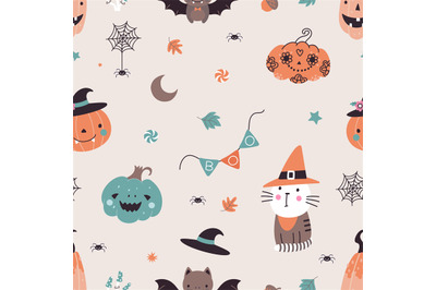 Halloween cartoon seamless pattern with pumpkins, bat and spider. Witc