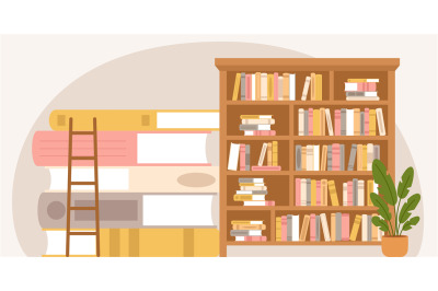Library or bookstore concept. Wooden bookshelf and giant books pile. K
