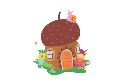 Mushroom house and dwarf, snail and bird. Cartoon magic childrens prin