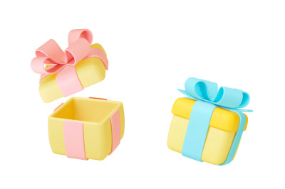Open and close 3d gift boxes with bows. Holiday presents, isolated gif