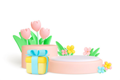 Podiums 3d empty, flowers tulips bouquet. Spring summer composition fo