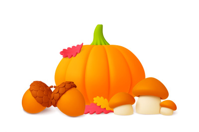 Pumpkin 3d, autumn mushrooms and acorn. Harvest concept, fall forest a