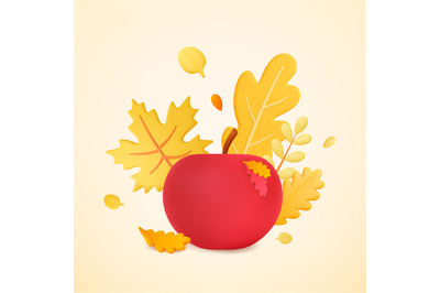 Red apple 3d element and autumn leaves. Fall harvest concept, thanksgi