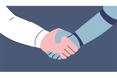 Robot and human hands doing handshake. Business deal or agreement with