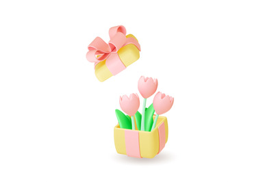 Tulips in gift box, 3d isolated composition. Flower bouquet, present f