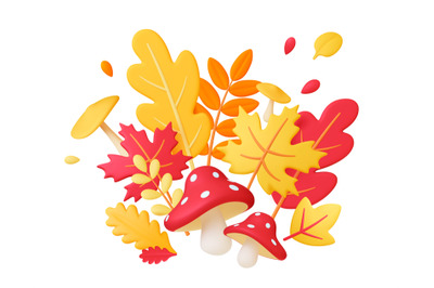 Vibrant autumn 3d leaves mushroom composition. Yellow red leaf fall, a