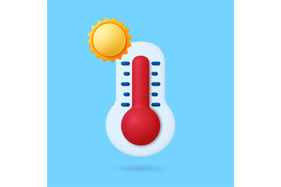 Weather thermometer with hot temperature. 3D sun, forecast graphic ele