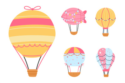 Cartoon hot air balloons isolated clipart. Flying balloon with basket,