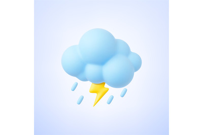 Cloud 3d with raindrops and lightning. Weather, autumn rainy day eleme