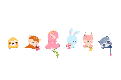 Cute cartoon decorative animals. Rabbit, raccoon, squirrel and fox. Ch