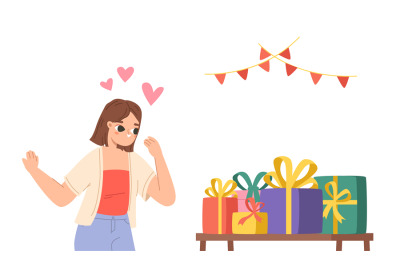 Cute cartoon girl looking on gifts. Happy birthday, womans day or anni