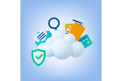 Digital cloud service 3d concept. White realistic plastic cloud and of
