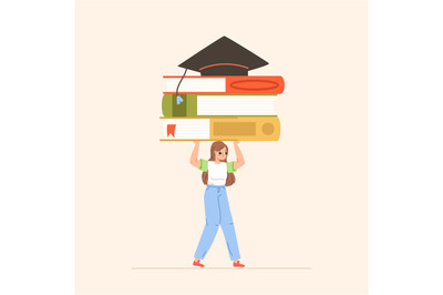 Educational concept with cartoon teenager hold books pile. Young stude